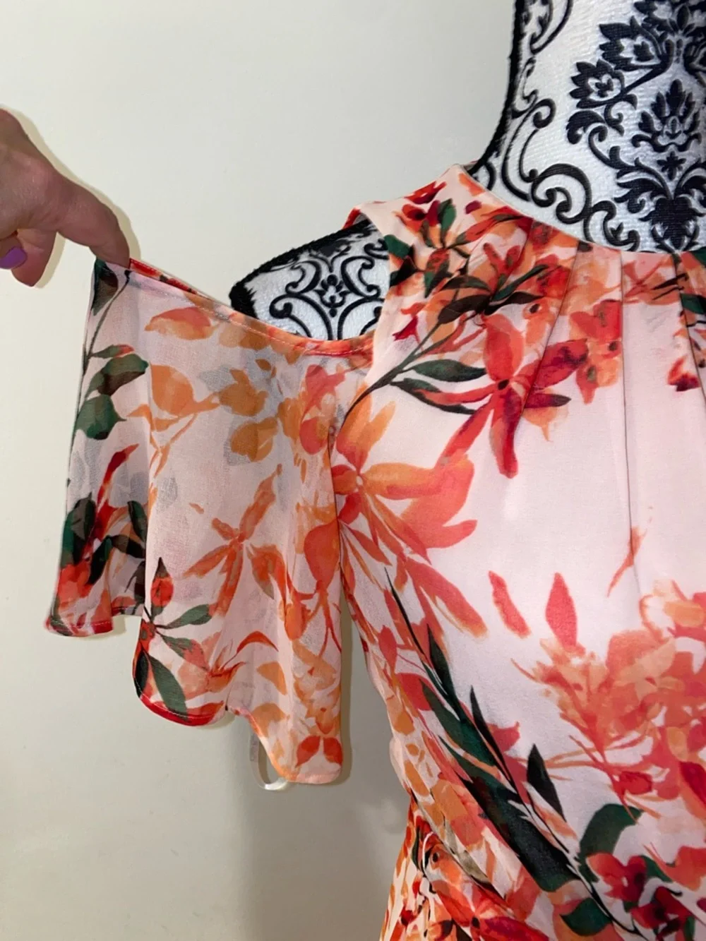Calvin Klein Irmina Peach-Pink Floral Cold-Shoulder Belted Mini Dress Size 2 - Picture 5 of 16